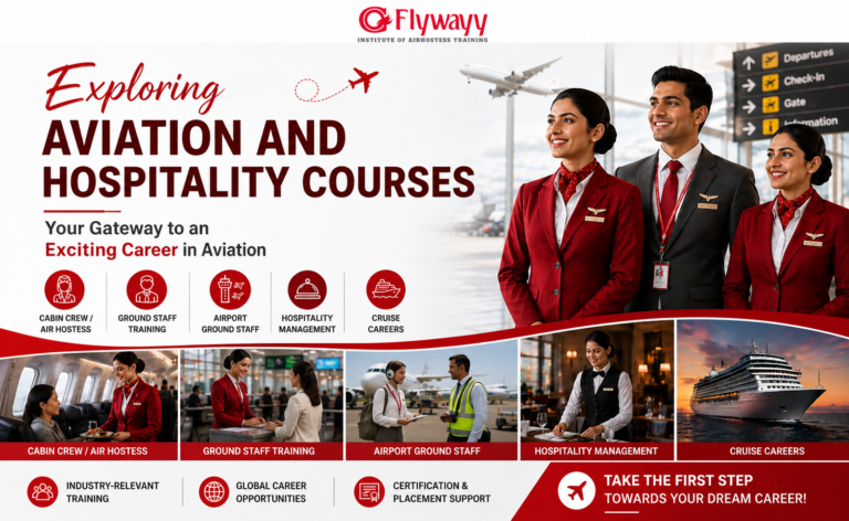 Exploring aviation and hospitality courses banner with cabin crew, ground staff, airport operations, and cruise career opportunities