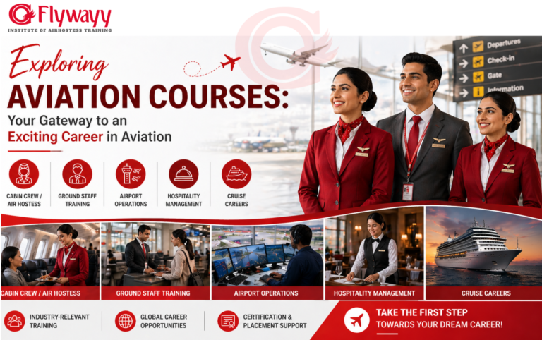 Exploring aviation and hospitality courses banner with cabin crew, ground staff, airport operations, and cruise career opportunities
