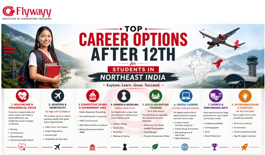 Top career options after 12th for students in Northeast India including aviation, healthcare, digital careers, and tourism